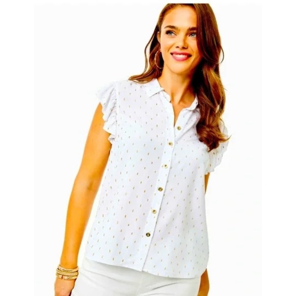 Lilly Pulitzer Branson Button Down Top Resort White Ruffle Metallic S‎ MSRP $108 - Picture 1 of 6